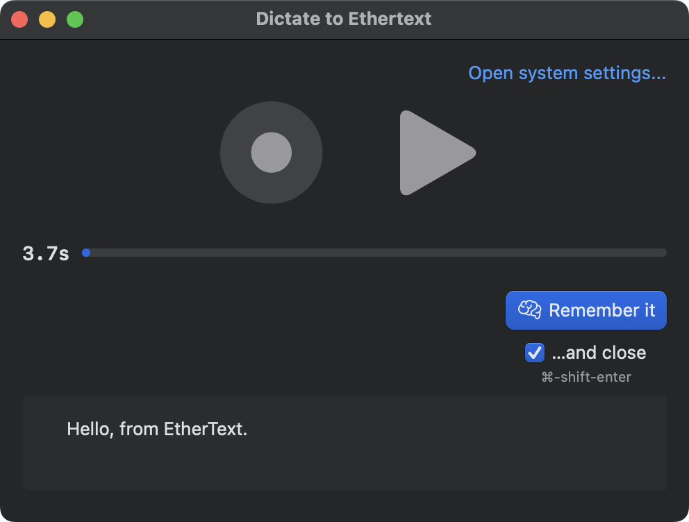 Ethertext dictate window