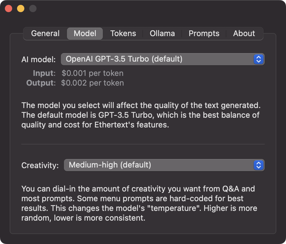 Ethertext model settings window