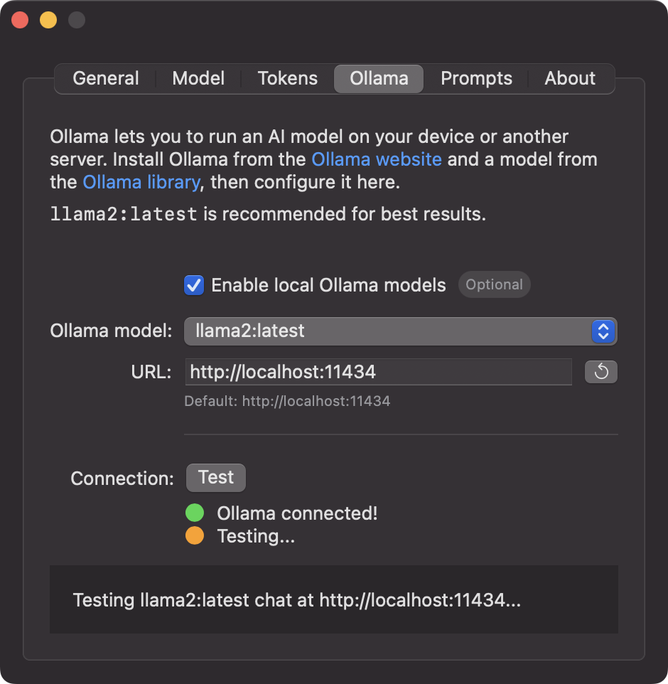 Ethertext ollama settings window