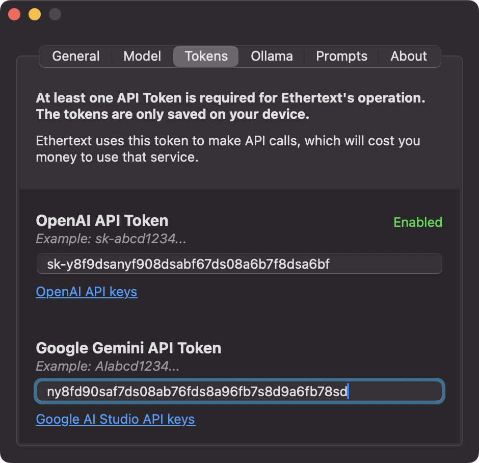 Ethertext tokens settings window